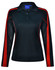 A black long sleeve polo shirt with red accents and mesh side panels, featuring a collar and buttons.