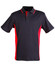 A black and red polo shirt featuring a collar, short sleeves, and a logo.