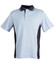 A light blue and navy polo shirt featuring a collar and short sleeves. The shirt has a logo on it.