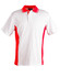 A short-sleeved polo shirt in white with red contrast panels and a collar, featuring a logo.