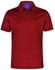 A red textured polo shirt with a collar, short sleeves, and a logo on the left side.