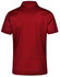 A red textured polo shirt with a classic collar and short sleeves, featuring a logo on the back.