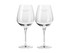 A set of two clear wine glasses with tall stems, featuring a logo engraved on the sides. Gift boxed.