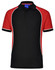 A tri-colour short-sleeve polo shirt featuring black, red, and white accents, with a collar and a logo.