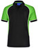 A black polo shirt with green accents and white piping, featuring a logo on the chest.
