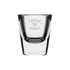 A clear glass shot glass with a logo, featuring a classic design and a smooth finish.