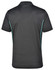 A black men's polo shirt featuring contrast detailing in a turquoise shade, with a logo on the back.