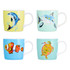 A set of four colourful coffee mugs featuring ocean-themed designs of dolphins, sharks, clownfish, and a turtle.