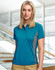 A teal women's polo shirt with grey contrast panels and a three-button placket, featuring a logo.