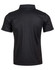 A black short-sleeve polo shirt with a collared neckline and a logo. The back view displays a smooth, solid design.