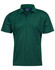 A dark green short-sleeve polo shirt with a collar and a logo on the chest.