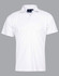 A white polo shirt with a collar, short sleeves, and a logo on the chest area.