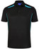 A black polo shirt featuring turquoise contrast stripes and a logo on the collar.