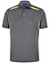 A grey polo shirt with yellow contrast detailing and a button-up collar. It features a logo on the chest.