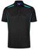 A black polo shirt with turquoise contrast panels and a three-button collar, featuring a logo on the chest.