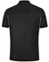 A black men's polo shirt featuring contrast turquoise trim and a logo on the back.
