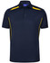 A navy blue polo shirt with yellow contrast detailing and a logo on the chest. Short sleeves and a classic collar.