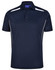 A navy blue sustainable poly/cotton polo shirt with white contrast stripes and a collar. It features a logo.