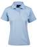 A light blue ladies' polo shirt with a collar, short sleeves, and a logo on the label.