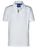 A white short sleeve polo shirt with contrast details and a collar, featuring a logo on the chest.