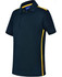 A kids' short sleeve polo in navy with yellow contrast side panels. The shirt features a collar and buttons.