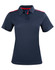 A navy ladies' short sleeve polo shirt with red contrast details and a logo on the chest.