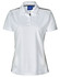 A white short sleeve polo shirt with contrast detailing and a logo on the left chest area.
