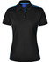 A black ladies' polo shirt with short sleeves and blue contrast detailing, featuring a collar and buttons.