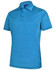 A blue short sleeve polo shirt with a collar and a logo, featuring a textured fabric and contrast detailing.