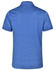 A blue short sleeve polo shirt with a textured finish and a logo on the back.
