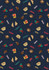 A unisex Christmas scrub top featuring a playful pattern of festive items in a navy blue background with various colours.