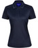 A navy blue women's polo shirt with a collared neckline, short sleeves, and a logo.