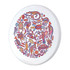 A circular ceramic coaster featuring vibrant, multicoloured Aboriginal-inspired designs of various animals.