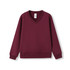 A burgundy kids v-neck fleece jumper with long sleeves and a ribbed hem. It features a logo on the label.