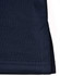 A navy polo shirt featuring a side vent detail and a logo on the fabric.