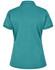 A teal ladies' short sleeve polo shirt, featuring a collar and a logo on the back.