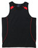 A black singlet with red accents and a tag, featuring a logo. Suitable for casual wear or sports.