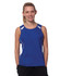 A blue ladies' singlet with white accents, featuring a logo, and a relaxed fit.