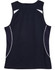 A navy ladies' singlet with white detailing and mesh panels on the sides. It includes a logo on the back.
