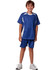 Blue kid's soccer shorts paired with a matching blue and white top, worn by a smiling child.