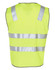 A hi-vis yellow safety vest with reflective silver tapes, featuring a sleeveless design and a logo on the back.