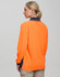 A long-sleeve safety polo shirt in high-visibility orange with a navy collar, featuring a logo.