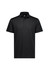 A black short sleeve polo shirt with a collar and button placket, featuring a logo on the upper side.