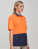 A safety polo shirt featuring high-visibility orange and navy blue colours, with a collar and a pocket.