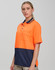 A bright orange and navy safety polo shirt with a chest pocket and a logo.