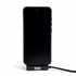 A black promotional phone stand featuring a charging cable, designed for mobile devices.