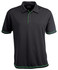A black polo shirt with green trim and a logo on the chest, featuring a three-button placket and a collar.