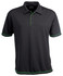 A black polo shirt featuring green piping, with a collar and three-button placket. It has a logo on the chest.