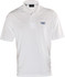 A white polo shirt featuring a logo on the chest, designed for men.