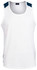 A white men's singlet with navy blue accents on the shoulders, featuring a logo.